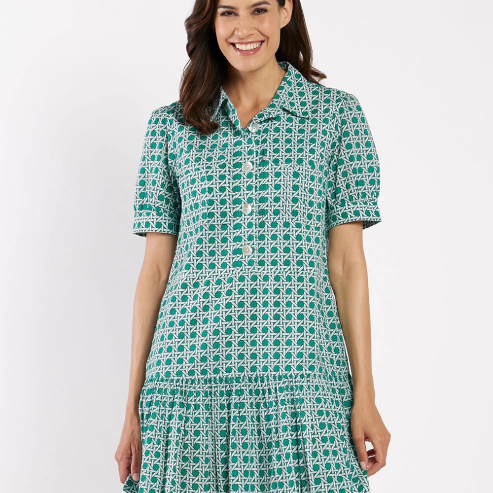 Jude Connally Teal & White Geo-Print Midi Dress